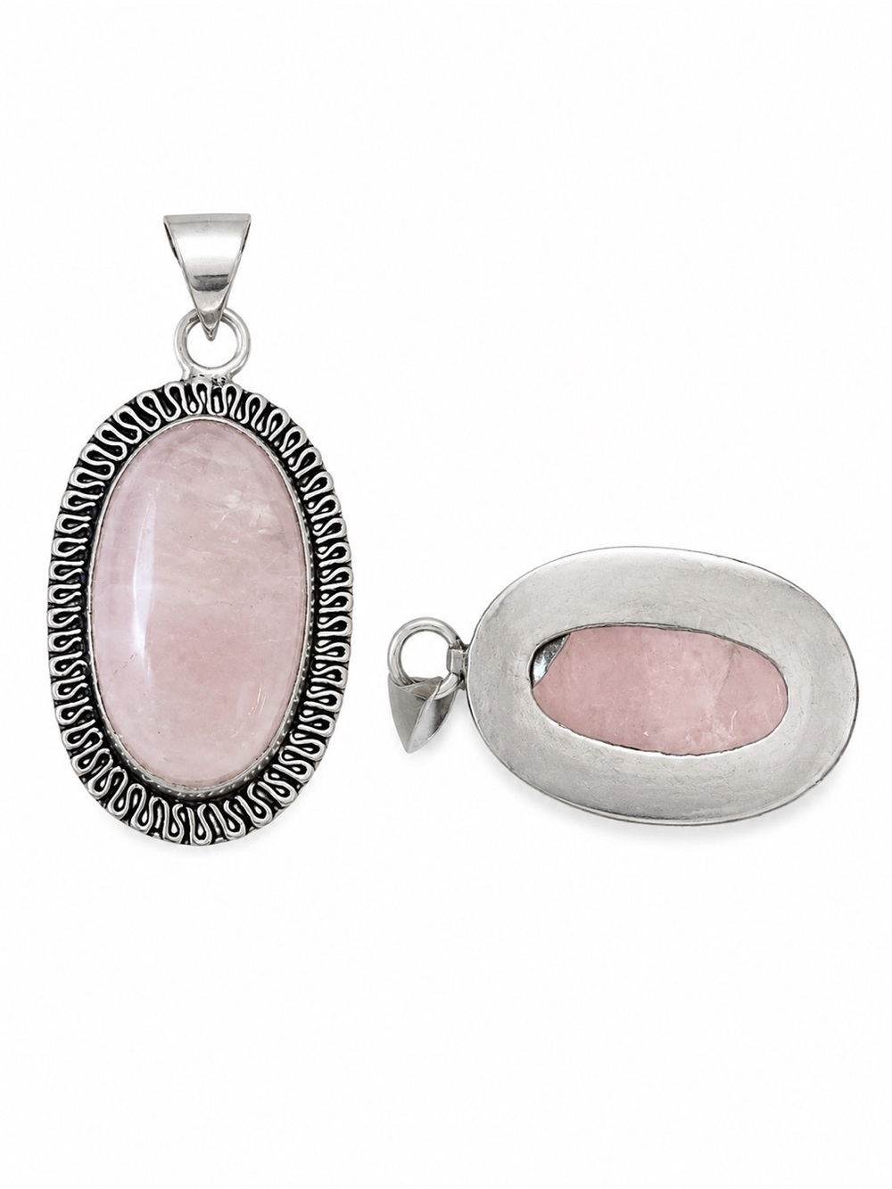 Sterling Silver Rose Quartz Oval Pendant — Pink Gemstone Necklace